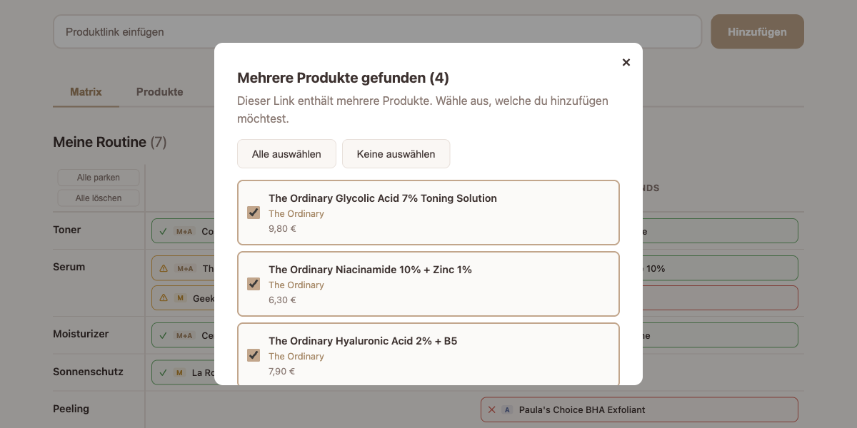 Set-Import mit Produktauswahl